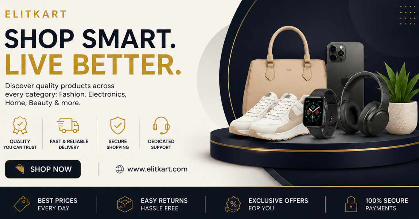 Eлитkart advertisement with fashion and technology products on a black and white background